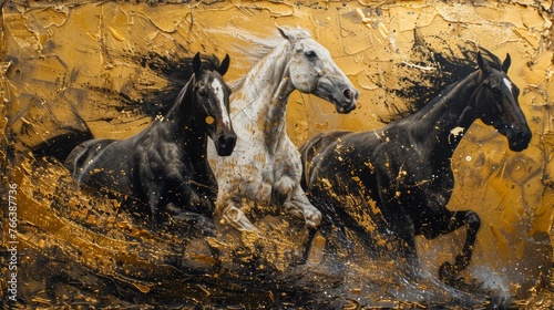 Painterly abstract, metal elements, texture background, animals, horses...