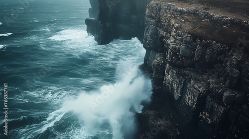 A coastal cliffside with waves crashing against the rocks below, creating a dramatic and awe-inspiring seascape.