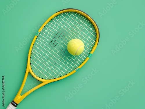 Vibrant Tennis Racket and Ball on Green Court - Competitive Sports and Recreation Concept © yelosole