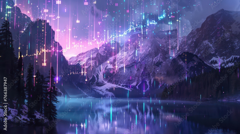 The futuristic background features neon data streaming up from a mountain lake, incorporating vivid colors and pixel art.






