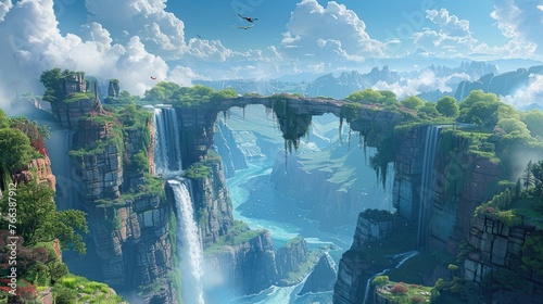 Majestic Waterfalls Cascading Through a Fantastical 3D Landscape of Towering Cliffs,Lush Foliage,and Serene Rivers