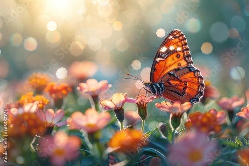 A Graceful Butterfly Amidst Blooming Spring Flowers.