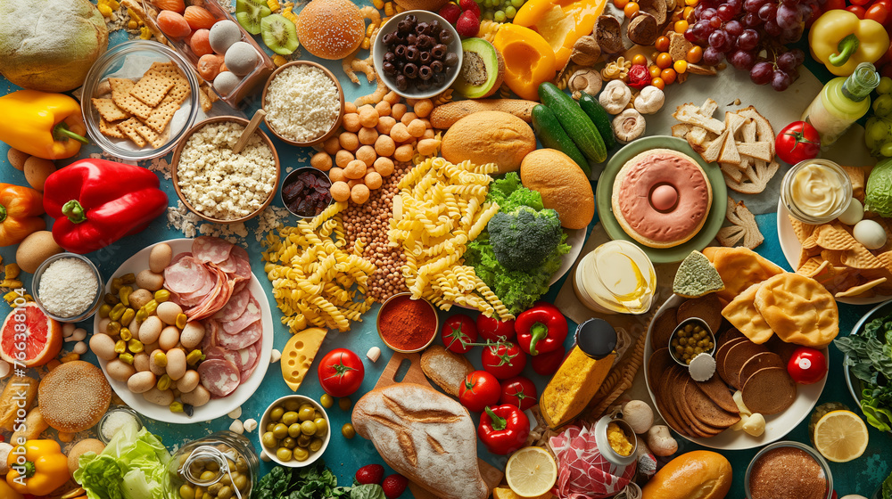 A diverse collection of fresh fruits and vegetables displayed on a blue table. Food waste. Healthy eating. A feast. A diverse collection of fresh fruits and vegetables displayed on a blue table. Food waste. Healthy eating. A feast.