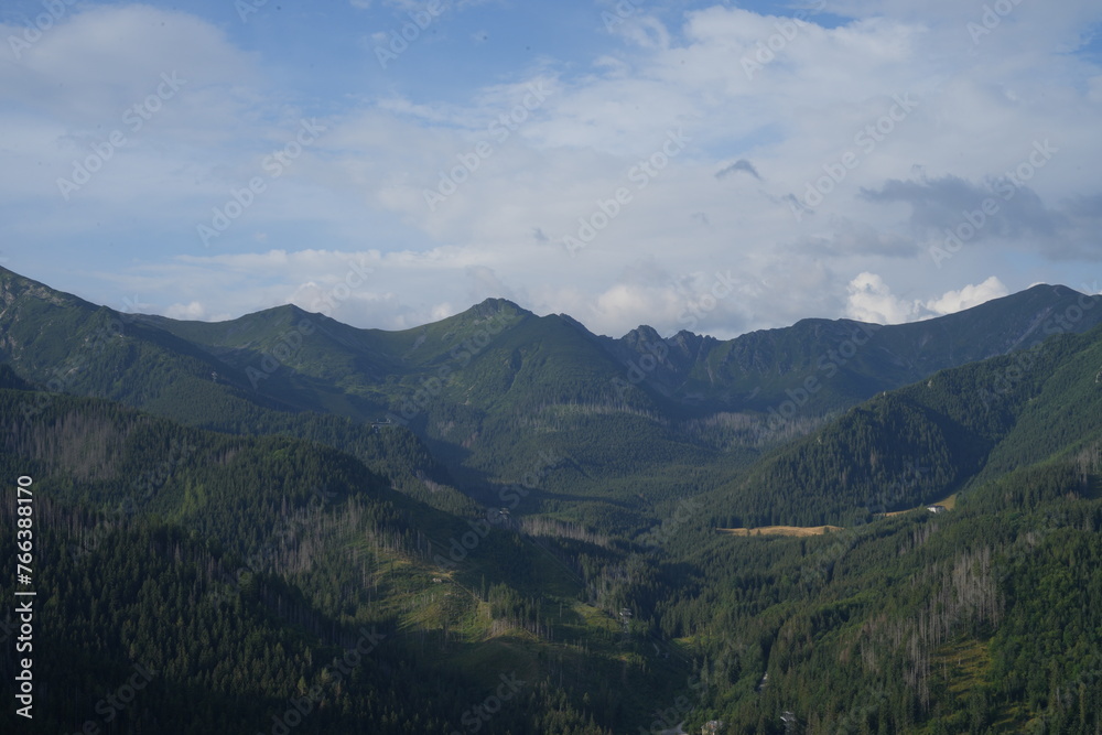 Fototapeta premium Krajobraz górki, góry oraz las, skały, niebo nad górami, widok na góry wysokie, kamienne skały