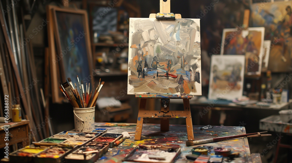 Painting classes in a workshop, with a small canvas on an easel, brushes and paints on a table, and abstract paintings with materials in the background - wallpaper to learn art Painting classes in a workshop, with a small canvas on an easel, brushes and paints on a table, and abstract paintings with materials in the background - wallpaper to learn art