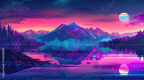 Neon data streams up from a mountain lake in this futuristic background  which features vivid colors and pixel art. 
