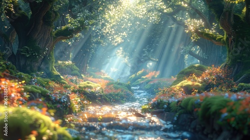 Captivating Enchanted Forest Landscape with Streaming Water and Sunlight-Dappled Foliage