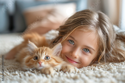 Bonding between kid and domestic animal, friendship between human and animal