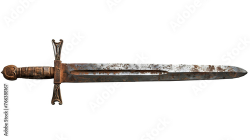 Ancient medieval sword of rusty metal, sharp, belonging to a hero, king, or noble, isolated on a blank transparent background in PNG format. photo