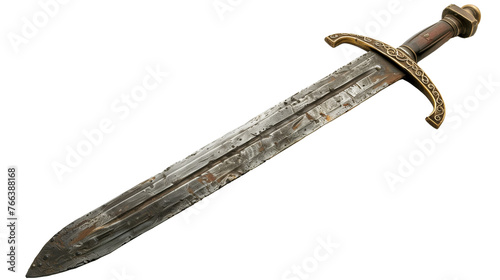 Aged medieval sword with a detailed golden hilt and a rustic, weathered blade, isolated on a transparent blank background. 