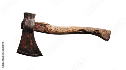 Old rudimentary axe for chopping firewood with a rusty metal blade and worn wooden handle, isolated on a blank transparent background in PNG format.