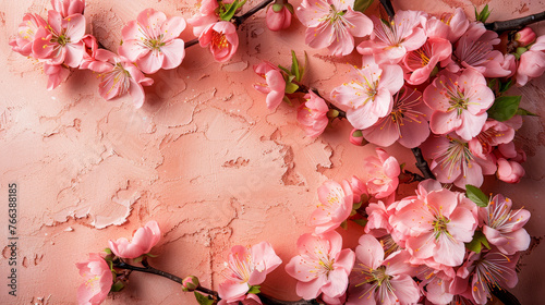 A spray of delicate cherry blossoms laid upon a textured pink backdrop.