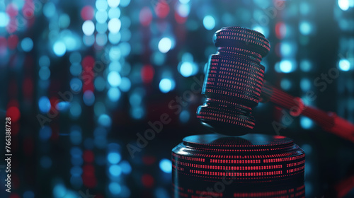  A large gavel displaying unknown red digital glyphs sits on a table. Cyber security and the law. Legal cyber issues. Technology and law. Cyber security and the courts. Futuristic.
