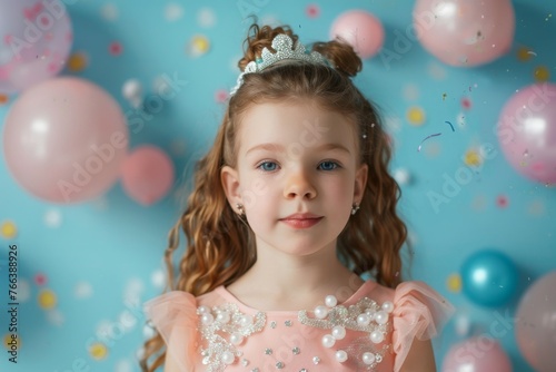 A 6-year-old girl in a princess costume stands on a blue background with balls and confetti