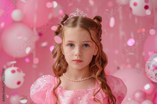 6-year-old girl in a princess costume on a pink background with balls and confetti 