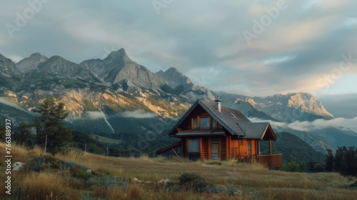 Wooden house and mountains in background