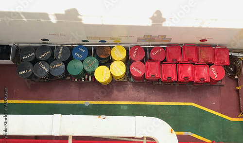 Garbage segregation bins in a ship