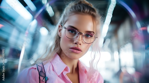 Stylish young woman with glasses in urban setting, neon lights reflecting