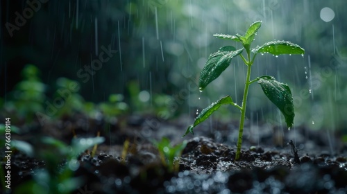 Young plant growing under rain