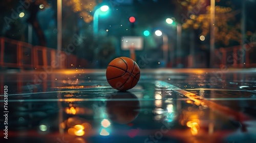 A single basketball lying on the ground, with a basketball hoop in the background, serves as the focal point in this poster concept image for basketball. 