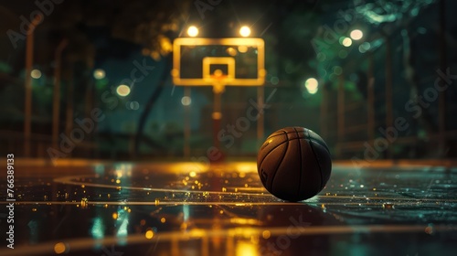 Poster concept image for basketball featuring a single basketball lying on the ground, with a basketball hoop in the background