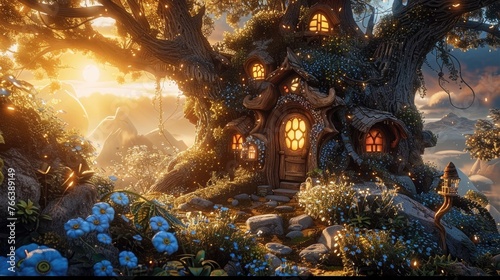 Enchanted Fairy-tale Landscape with Glowing Tree House in Vibrant Floral Forest