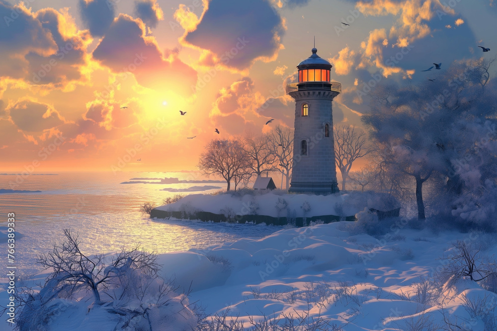 Lighthouse in beautiful winter sunrise on a lake