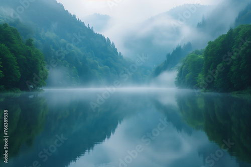 Fog-Enshrouded Mountain Lake at Dawn