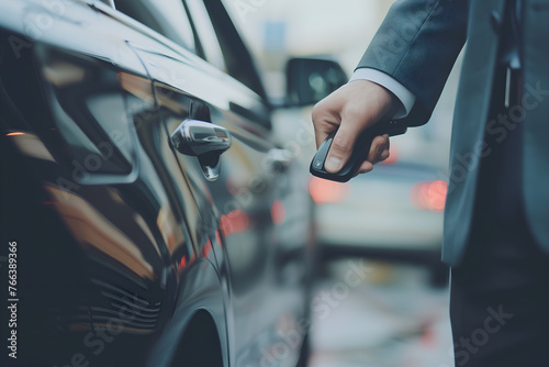 Close up of a businessman opening the door to a luxury car with a remote control key © digitalpochi