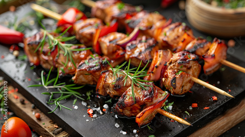 Juicy grilled chicken skewers with bell peppers and onions, garnished with fresh rosemary, on a slate serving platter, perfect for summer barbecues and outdoor dining