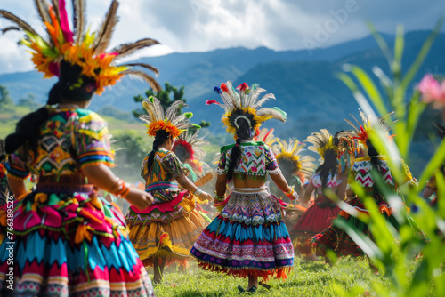 Tribe of women in vibrant attire dance in field under sky. Generative AI