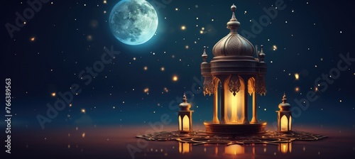 beautiful ornate lantern with star on night sky background for eid mubarrak or ramadan kareem  greeting card  template banner design concept