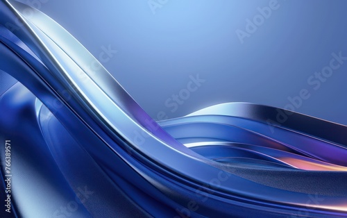 Abstract background featuring dynamic metallic blue 3D waves, realistic moving lines, and a futuristic glowing effect in a photorealistic 3D render, for business banner