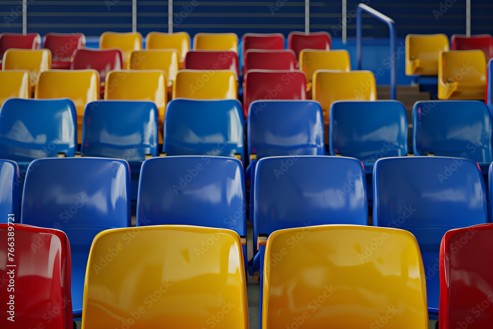Fototapeta premium colorful chairs in the stands of an indoor stadium
