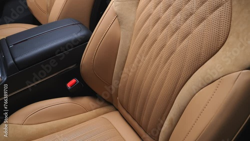 Premium car interior, controls, buttons and leather seats