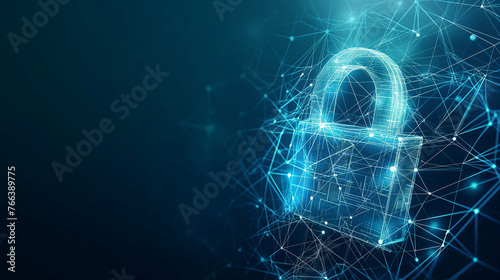 3D rendering of a security lock hologram with blue background. A network of connected nodes. Cyber security concept. Firewall or encryption. photo