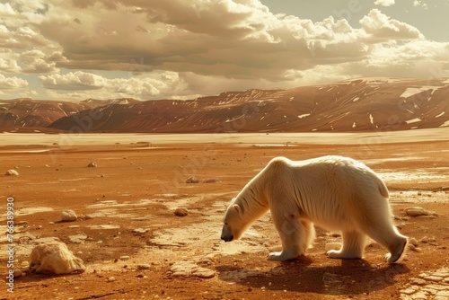 Distant shot of starving polar bear scavenging in barren desert, survival theme. © Uliana
