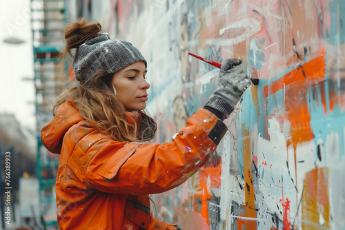 Female Artist at Work Creating Street Art