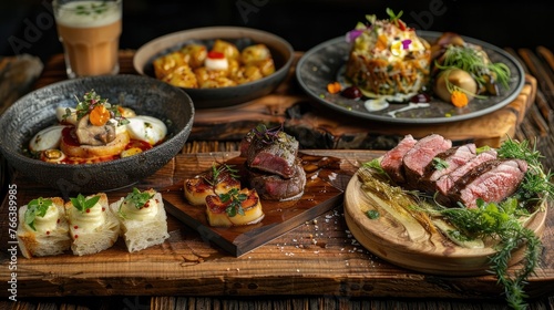 Artful Culinary Delights Arranged on a Rustic Wooden Table,Inviting a Flavorful Feast