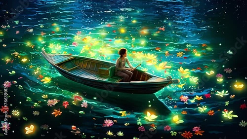 People on boat looking at glowing flower and fireflies on lake. Calm magical and atmospheric loop animation video. photo