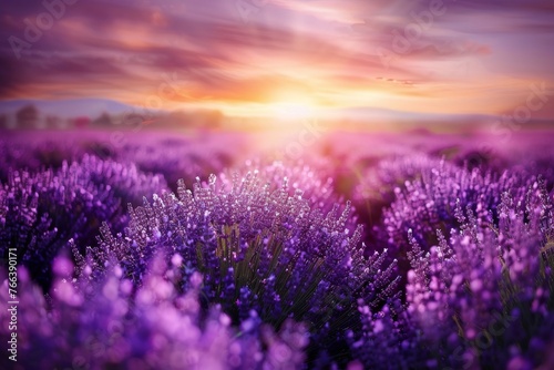 Blooming lavender field at sunrise  a magical awakening of nature.      