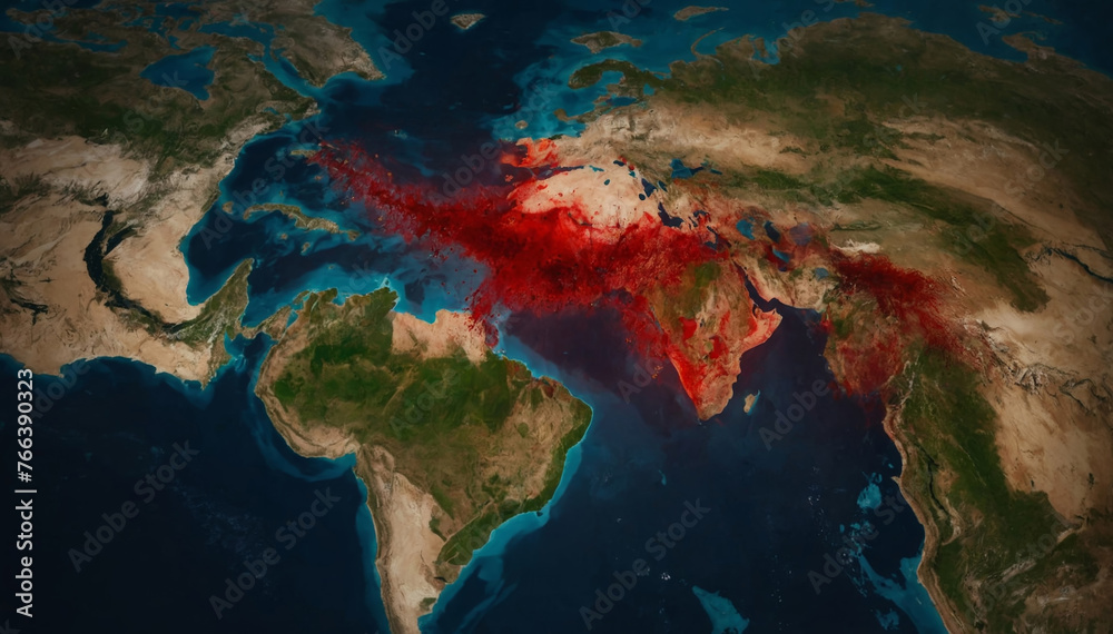 Bloody trail on the continents of the earth, war concept