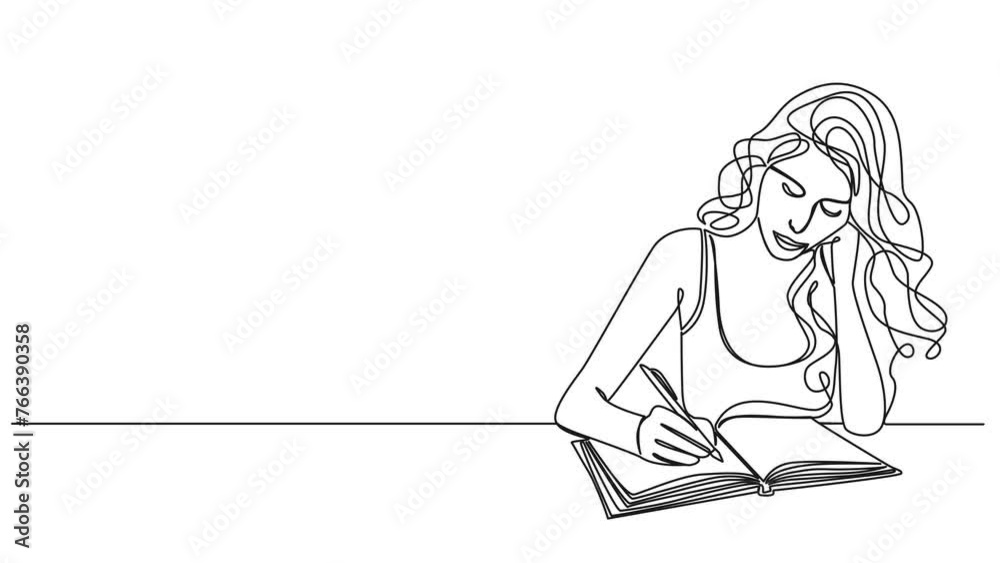 animated continuous single line drawing of woman taking notes in journal or diary, line art animation animated continuous single line drawing of woman taking notes in journal or diary, line art animation