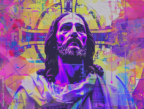 A digital rendering of Jesus preaching about blockchain technology, Psychedelic Art, Pastel, Minimalism, isolated backgroundgraphic design photo