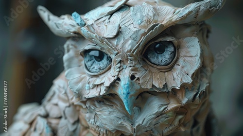 Hypnotic Gaze of a Mystical Owl Sculpture Carved from 3D Clay,Imparting Ancient Wisdom and Ethereal Knowledge