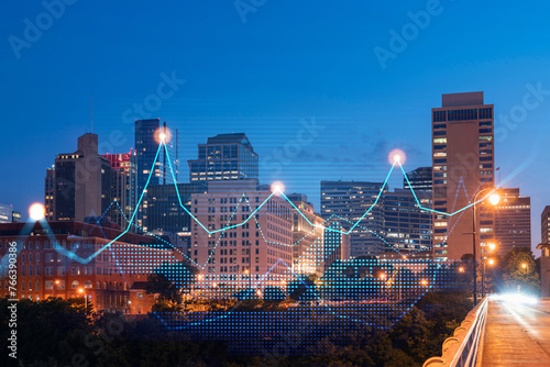 Skyscrapers Cityscape Downtown View, Nashville Skyline Buildings. Beautiful Real Estate. Night time. Forex Financial graph and chart hologram. Business education concept.