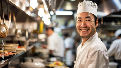 Asian male chef smiling in a commercial kitchen with colleagues working in the background, encapsulating culinary professionalism and teamwork in the food industry