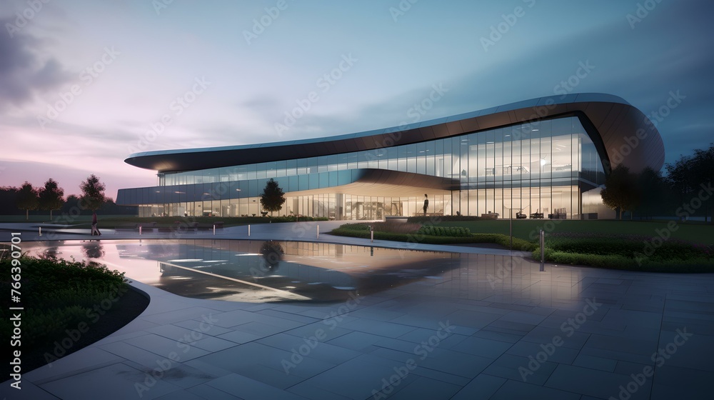 Futuristic corporate office building at twilight reflecting in water Futuristic corporate office building at twilight reflecting in water