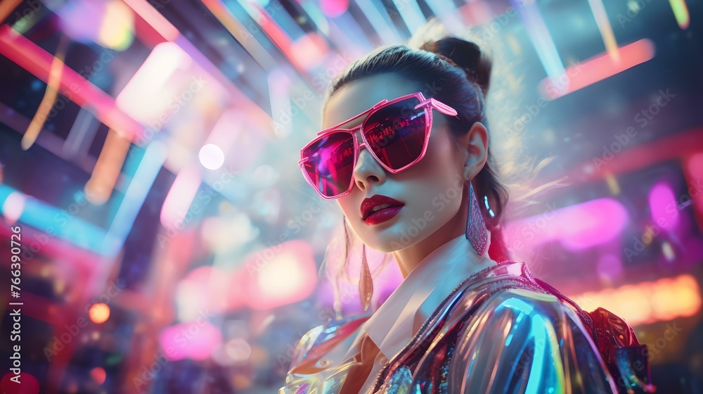 Stylish young woman with shiny jacket and sunglasses at a neon lit party
