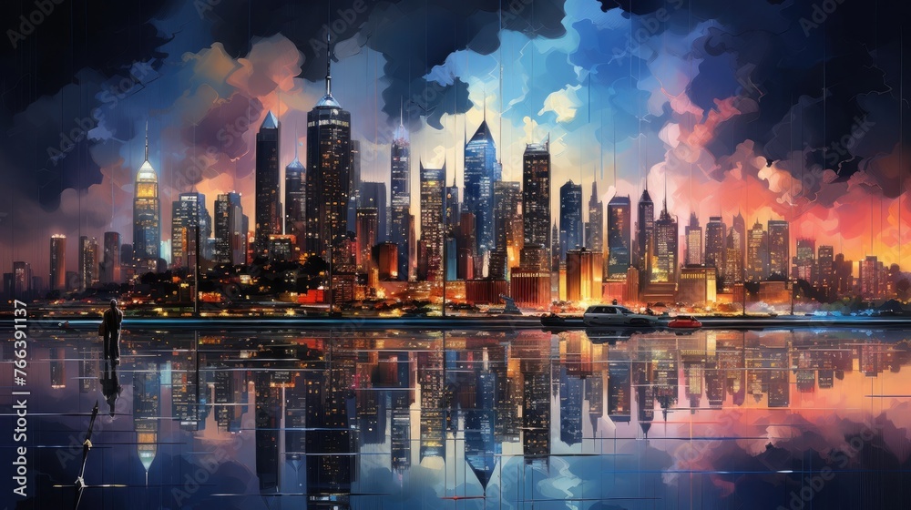 Mesmerizing Cityscape with Glittering Skyscrapers Reflected in Calm River at Dramatic Nightfall